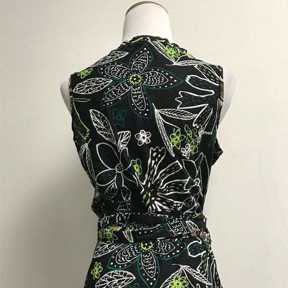 Margaret Oleary black white green floral print wrap around dress sleeveless L - Picture 3 of 6
